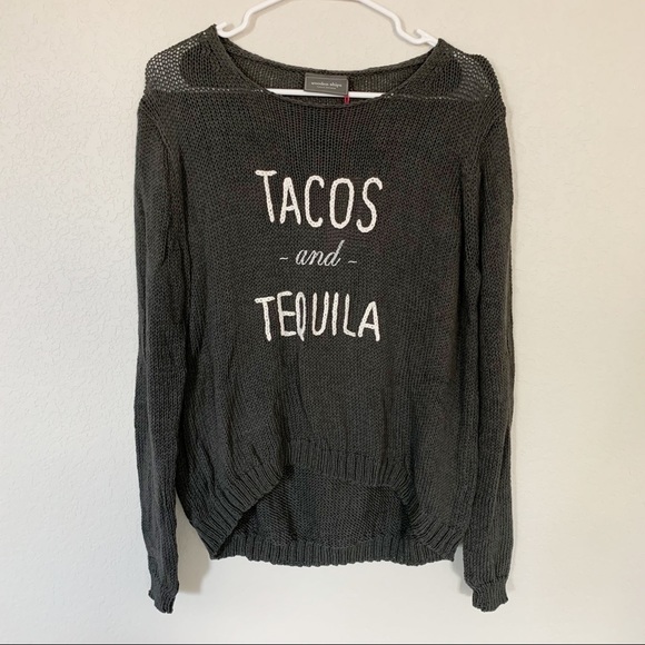 NWT Wooden Ships Tacos and Tequila Sweater Knit Top Crew Grey Bold Ink Sz S/M - Picture 2 of 6